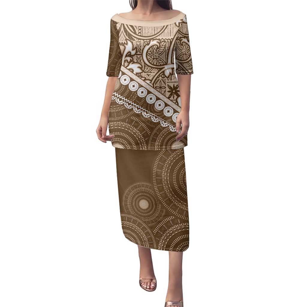 Beige Bula Fiji Family Matching Puletasi and Hawaiian Shirt Fijian Language Week Tapa Cloth - Pastel LT14 Mom's Dress Beige - Polynesian Pride