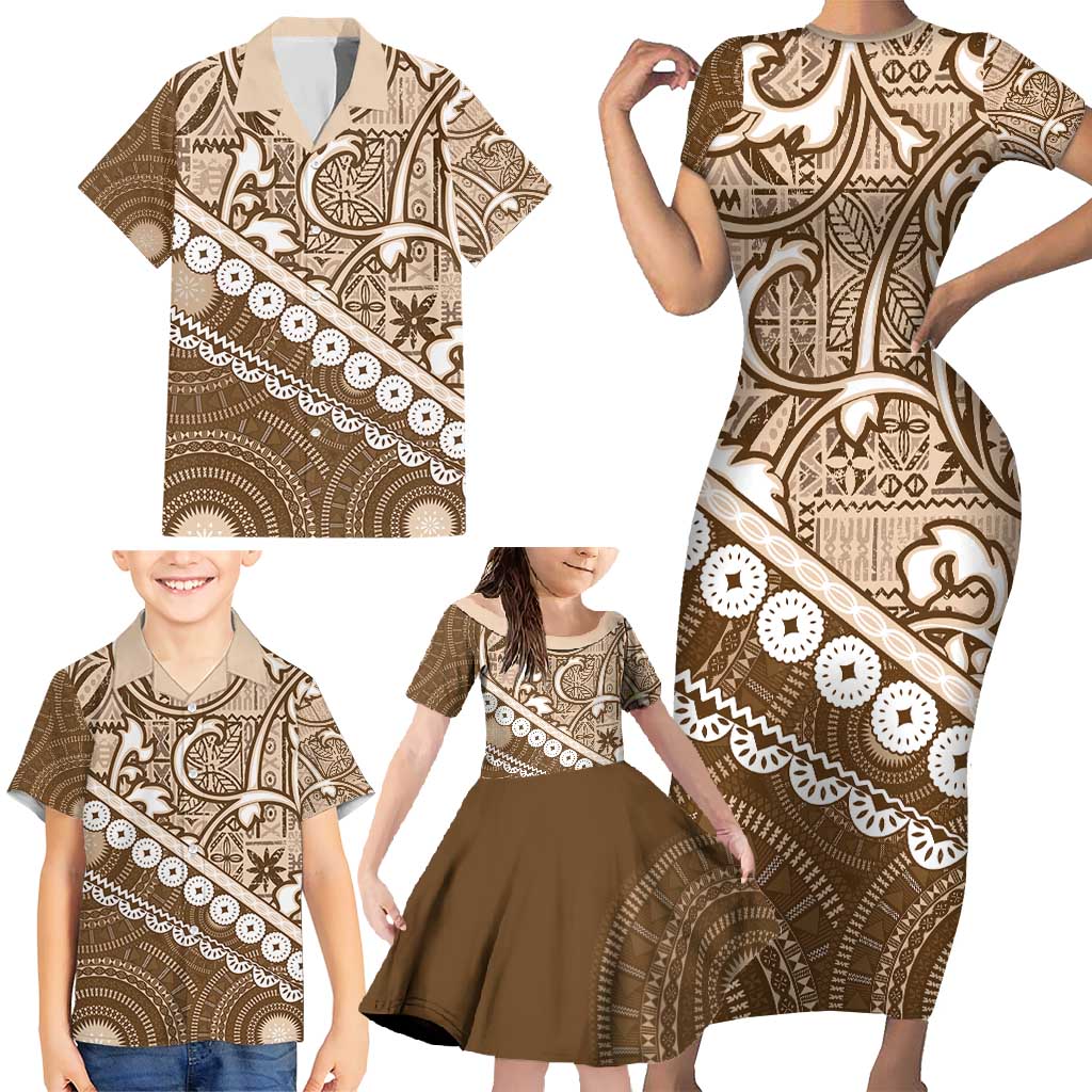 Beige Bula Fiji Family Matching Short Sleeve Bodycon Dress and Hawaiian Shirt Fijian Language Week Tapa Cloth - Pastel LT14 - Polynesian Pride