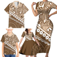 Beige Bula Fiji Family Matching Short Sleeve Bodycon Dress and Hawaiian Shirt Fijian Language Week Tapa Cloth - Pastel LT14 - Polynesian Pride
