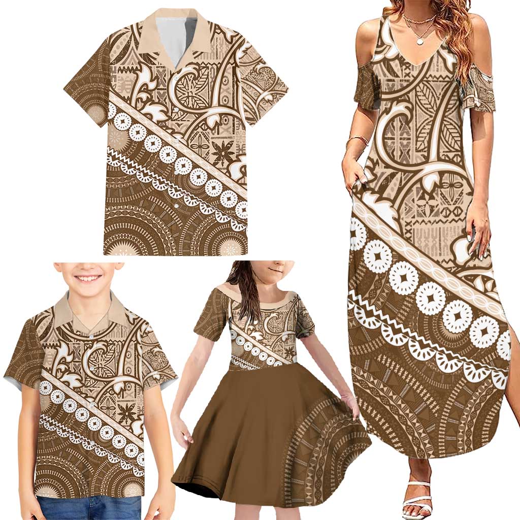 Beige Bula Fiji Family Matching Summer Maxi Dress and Hawaiian Shirt Fijian Language Week Tapa Cloth - Pastel LT14 - Polynesian Pride