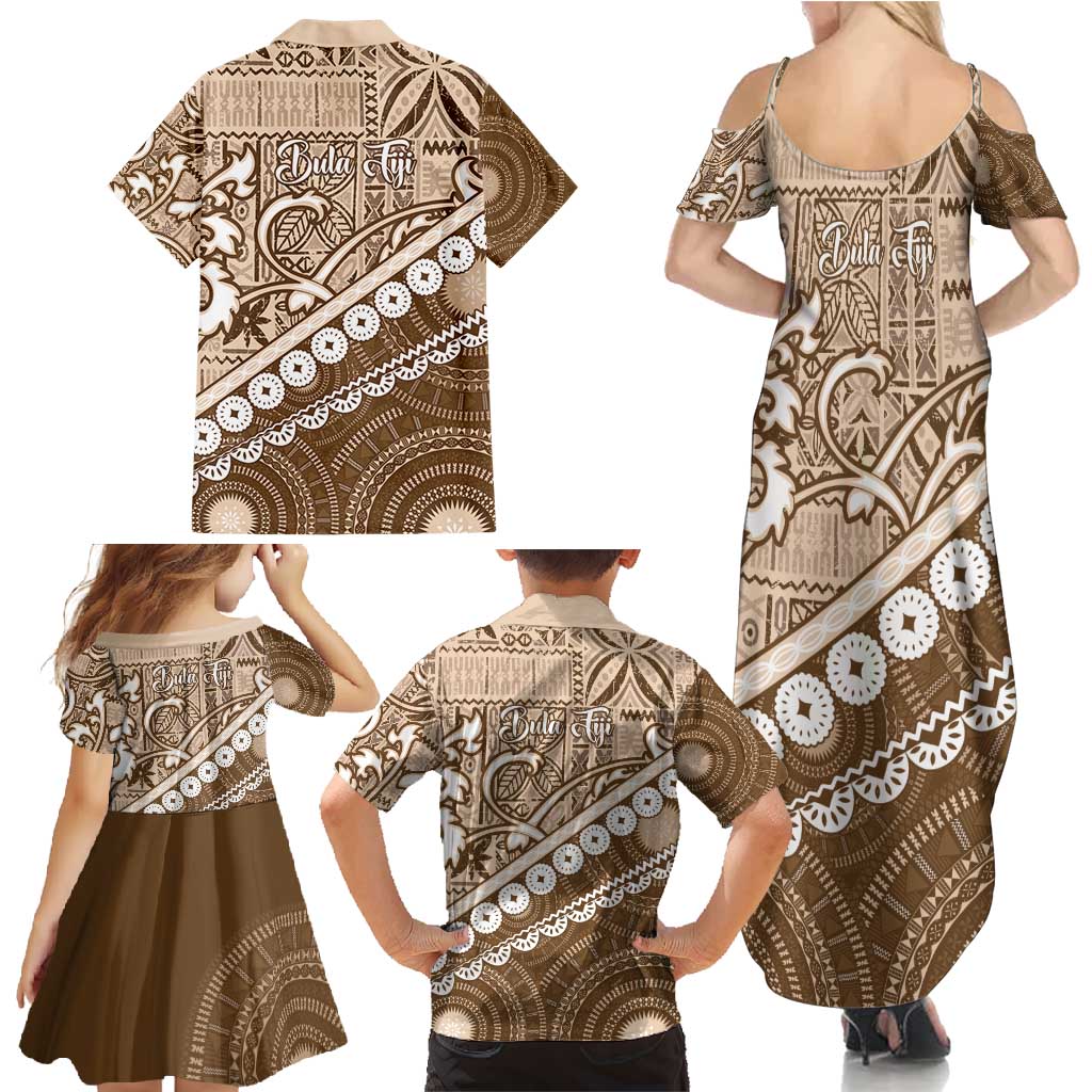 Beige Bula Fiji Family Matching Summer Maxi Dress and Hawaiian Shirt Fijian Language Week Tapa Cloth - Pastel LT14 - Polynesian Pride
