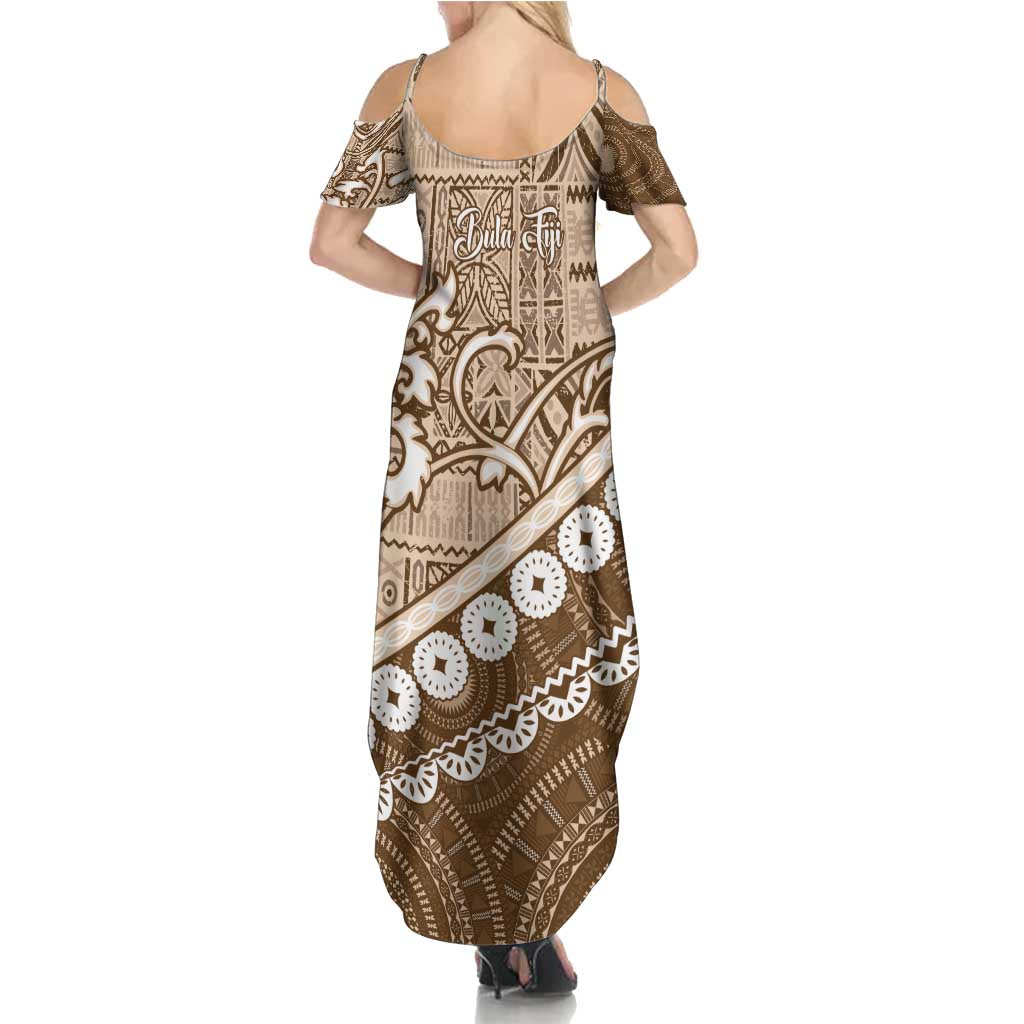Beige Bula Fiji Family Matching Summer Maxi Dress and Hawaiian Shirt Fijian Language Week Tapa Cloth - Pastel LT14 - Polynesian Pride