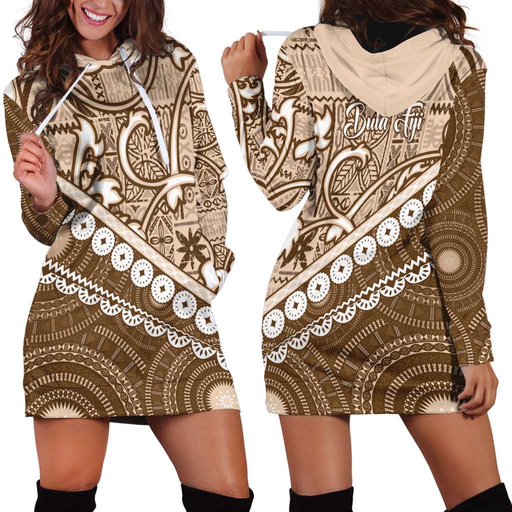 Beige Bula Fiji Hoodie Dress Fijian Language Week Tapa Cloth - Pastel LT14 - Polynesian Pride