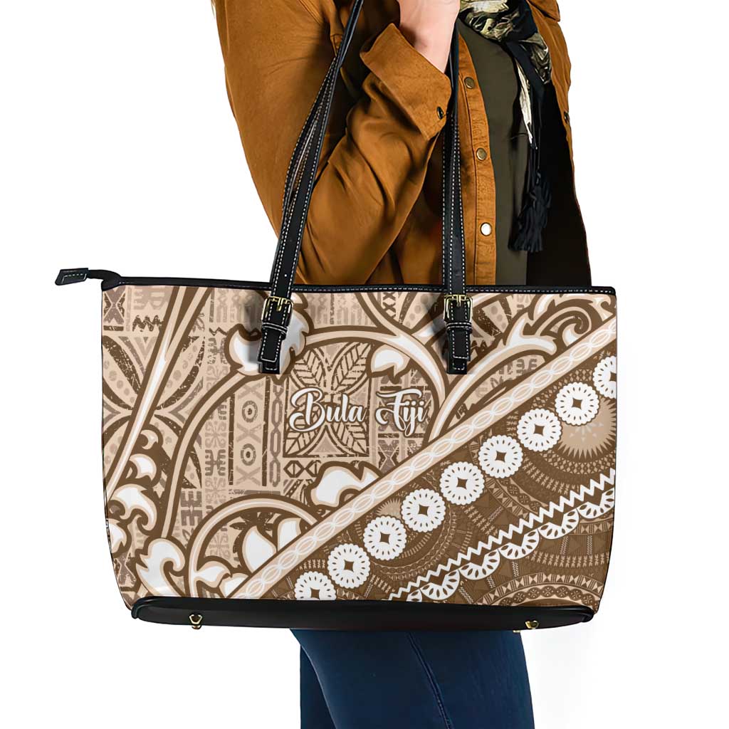 Beige Bula Fiji Leather Tote Bag Fijian Language Week Tapa Cloth - Pastel