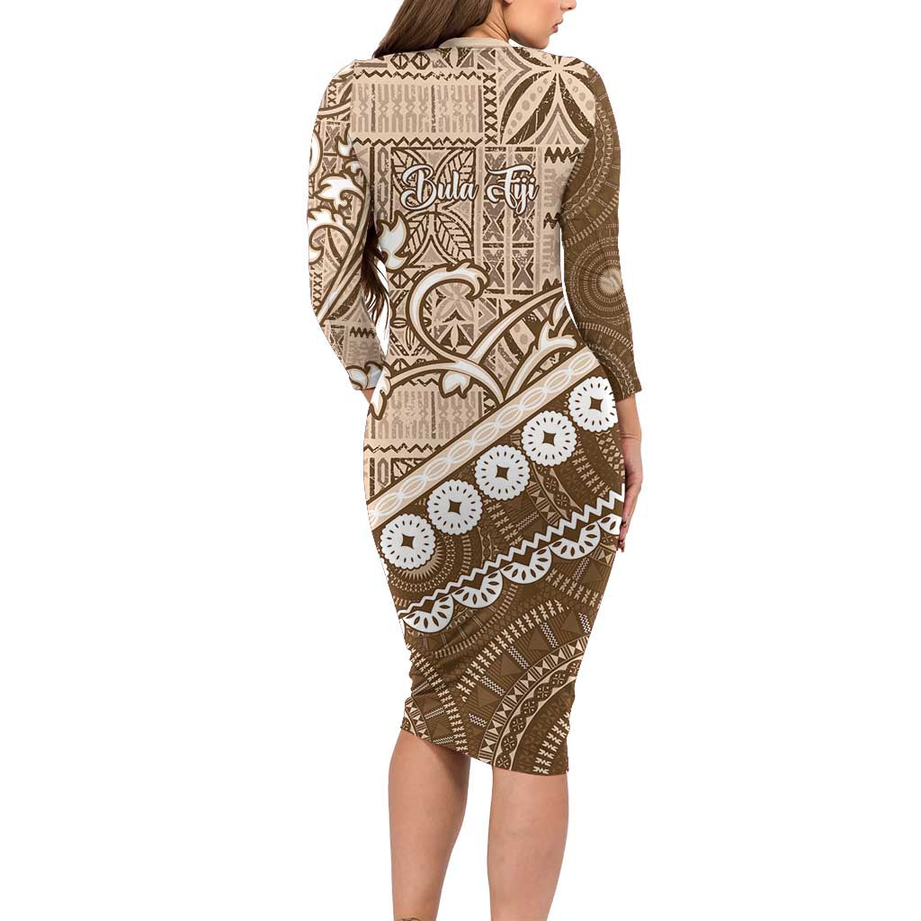 Beige Bula Fiji Long Sleeve Bodycon Dress Fijian Language Week Tapa Cloth - Pastel LT14 - Polynesian Pride