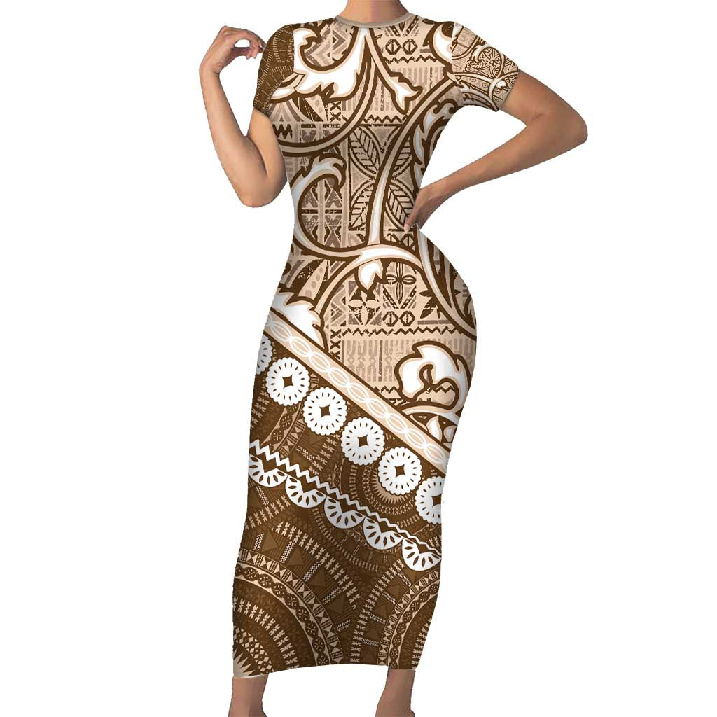 Beige Bula Fiji Short Sleeve Bodycon Dress Fijian Language Week Tapa Cloth - Pastel LT14 Long Dress Beige - Polynesian Pride