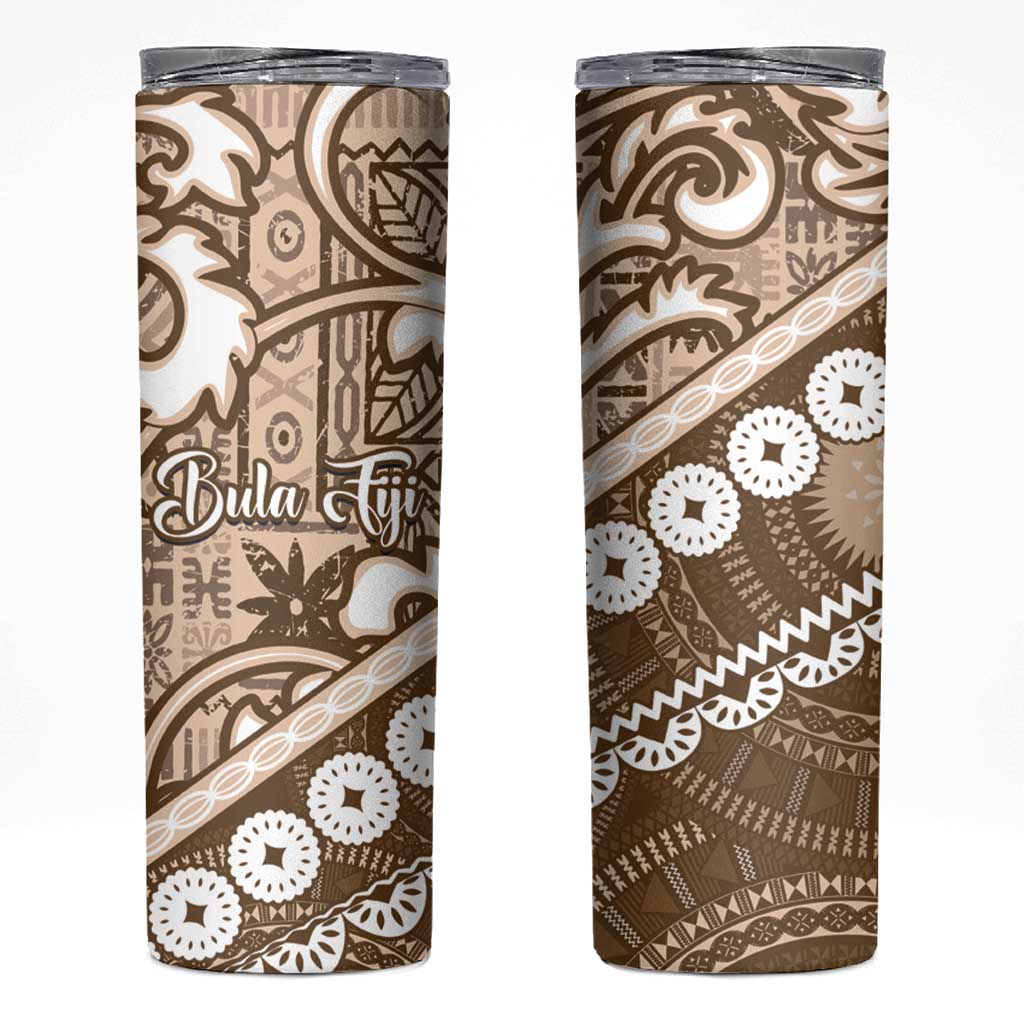 Beige Bula Fiji Skinny Tumbler Fijian Language Week Tapa Cloth - Pastel LT14 Beige - Polynesian Pride