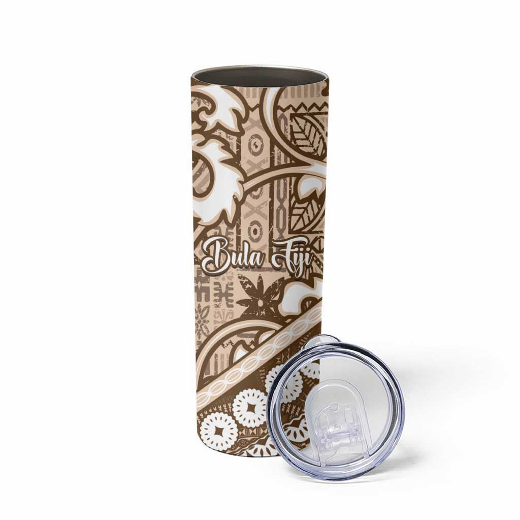 Beige Bula Fiji Skinny Tumbler Fijian Language Week Tapa Cloth - Pastel LT14 - Polynesian Pride