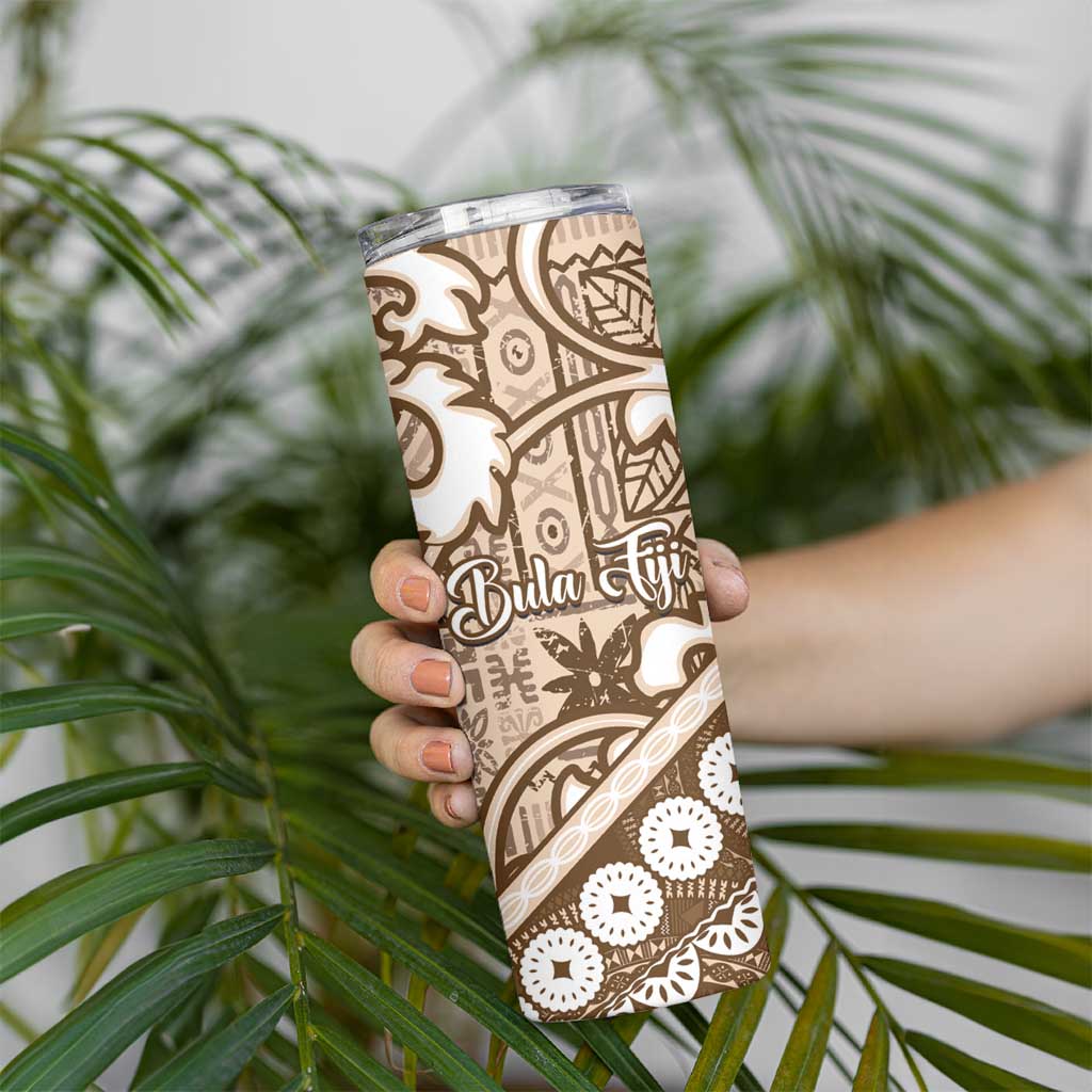 Beige Bula Fiji Skinny Tumbler Fijian Language Week Tapa Cloth - Pastel LT14 - Polynesian Pride