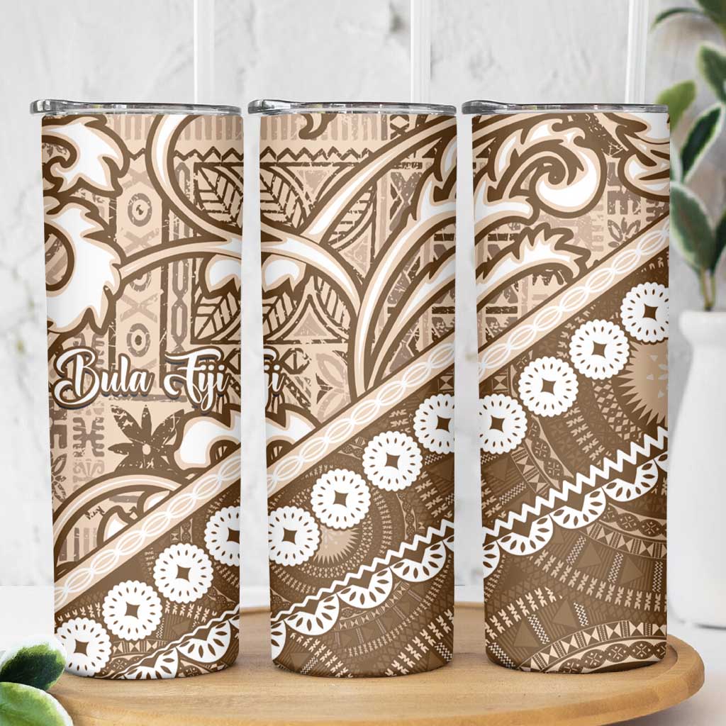Beige Bula Fiji Skinny Tumbler Fijian Language Week Tapa Cloth - Pastel LT14 - Polynesian Pride