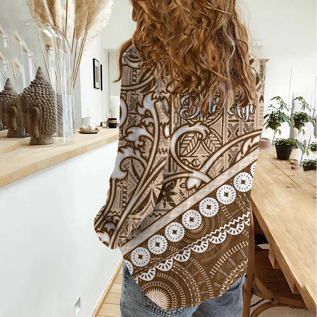 Beige Bula Fiji Women Casual Shirt Fijian Language Week Tapa Cloth - Pastel LT14 - Polynesian Pride