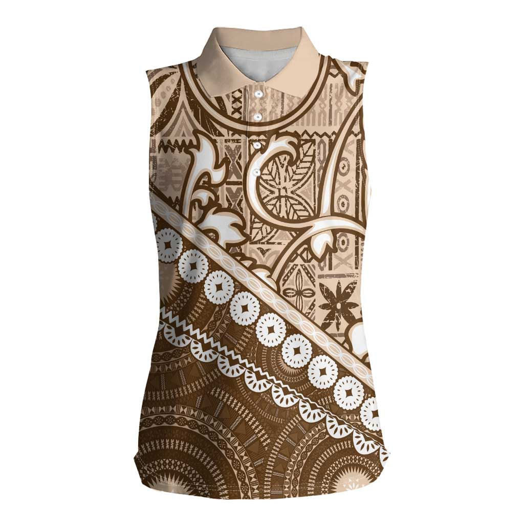 Beige Bula Fiji Women Sleeveless Polo Shirt Fijian Language Week Tapa Cloth - Pastel LT14 Female Beige - Polynesian Pride