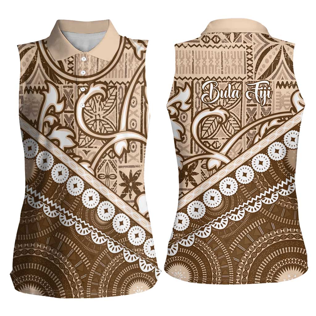 Beige Bula Fiji Women Sleeveless Polo Shirt Fijian Language Week Tapa Cloth - Pastel LT14 - Polynesian Pride