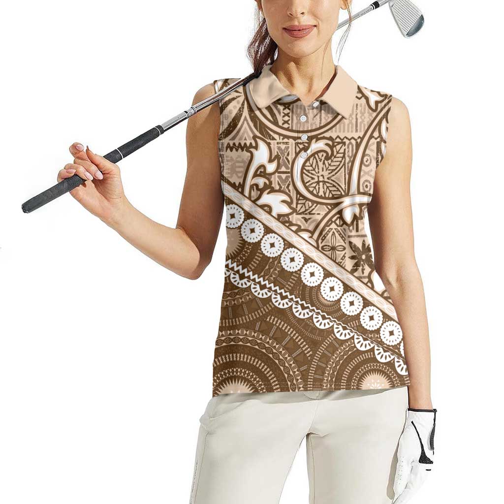 Beige Bula Fiji Women Sleeveless Polo Shirt Fijian Language Week Tapa Cloth - Pastel LT14 - Polynesian Pride