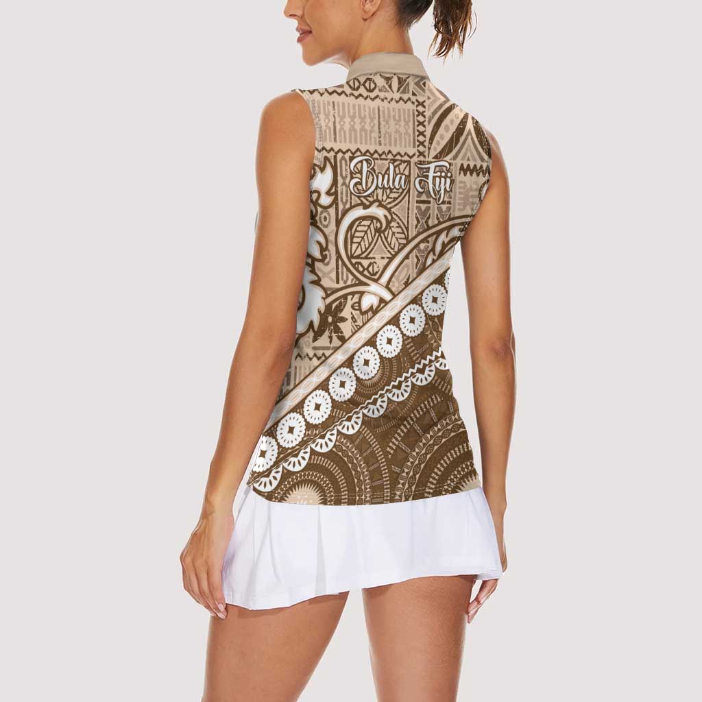 Beige Bula Fiji Women Sleeveless Polo Shirt Fijian Language Week Tapa Cloth - Pastel LT14 - Polynesian Pride