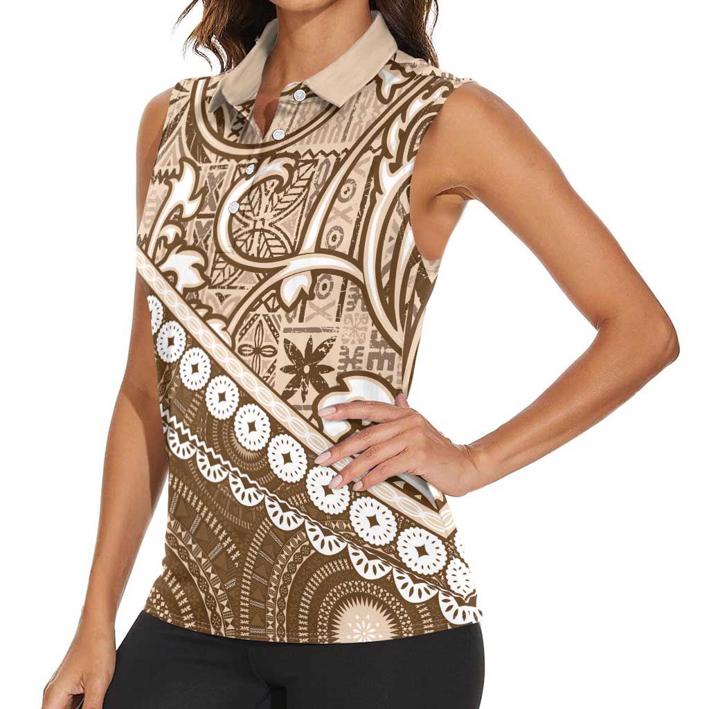 Beige Bula Fiji Women Sleeveless Polo Shirt Fijian Language Week Tapa Cloth - Pastel LT14 - Polynesian Pride