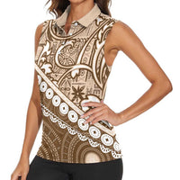 Beige Bula Fiji Women Sleeveless Polo Shirt Fijian Language Week Tapa Cloth - Pastel LT14 - Polynesian Pride