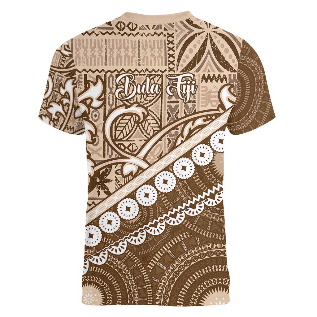 Beige Bula Fiji Women V-Neck T-Shirt Fijian Language Week Tapa Cloth - Pastel LT14 - Polynesian Pride