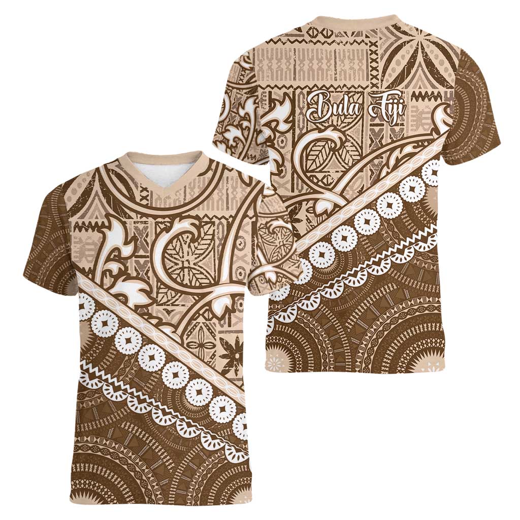 Beige Bula Fiji Women V-Neck T-Shirt Fijian Language Week Tapa Cloth - Pastel LT14 - Polynesian Pride