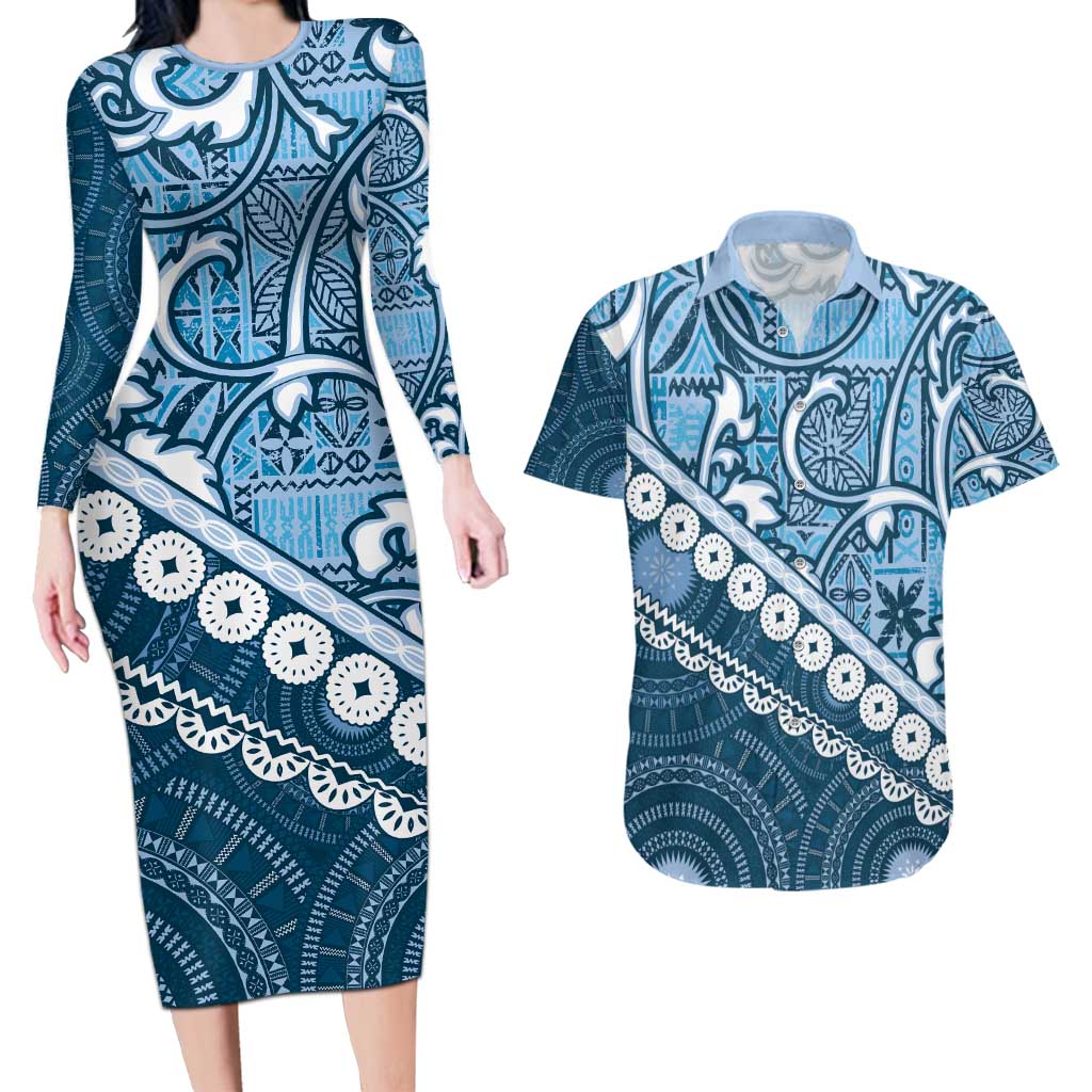 Blue Bula Fiji Couples Matching Long Sleeve Bodycon Dress and Hawaiian Shirt Fijian Language Week Tapa Cloth - Pastel LT14 Blue - Polynesian Pride