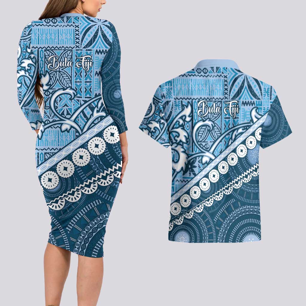 Blue Bula Fiji Couples Matching Long Sleeve Bodycon Dress and Hawaiian Shirt Fijian Language Week Tapa Cloth - Pastel LT14 - Polynesian Pride