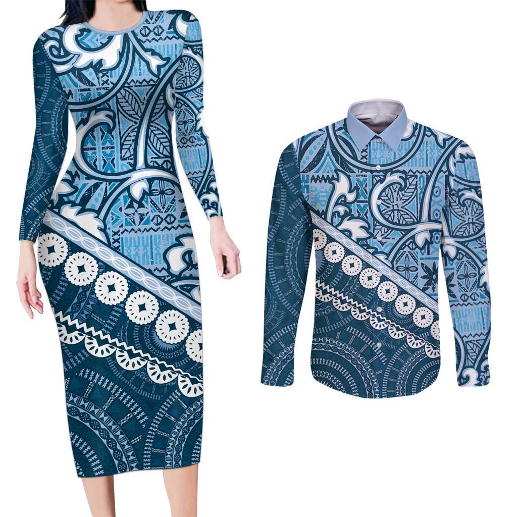 Blue Bula Fiji Couples Matching Long Sleeve Bodycon Dress and Long Sleeve Button Shirt Fijian Language Week Tapa Cloth - Pastel LT14 Blue - Polynesian Pride
