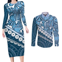 Blue Bula Fiji Couples Matching Long Sleeve Bodycon Dress and Long Sleeve Button Shirt Fijian Language Week Tapa Cloth - Pastel LT14 Blue - Polynesian Pride