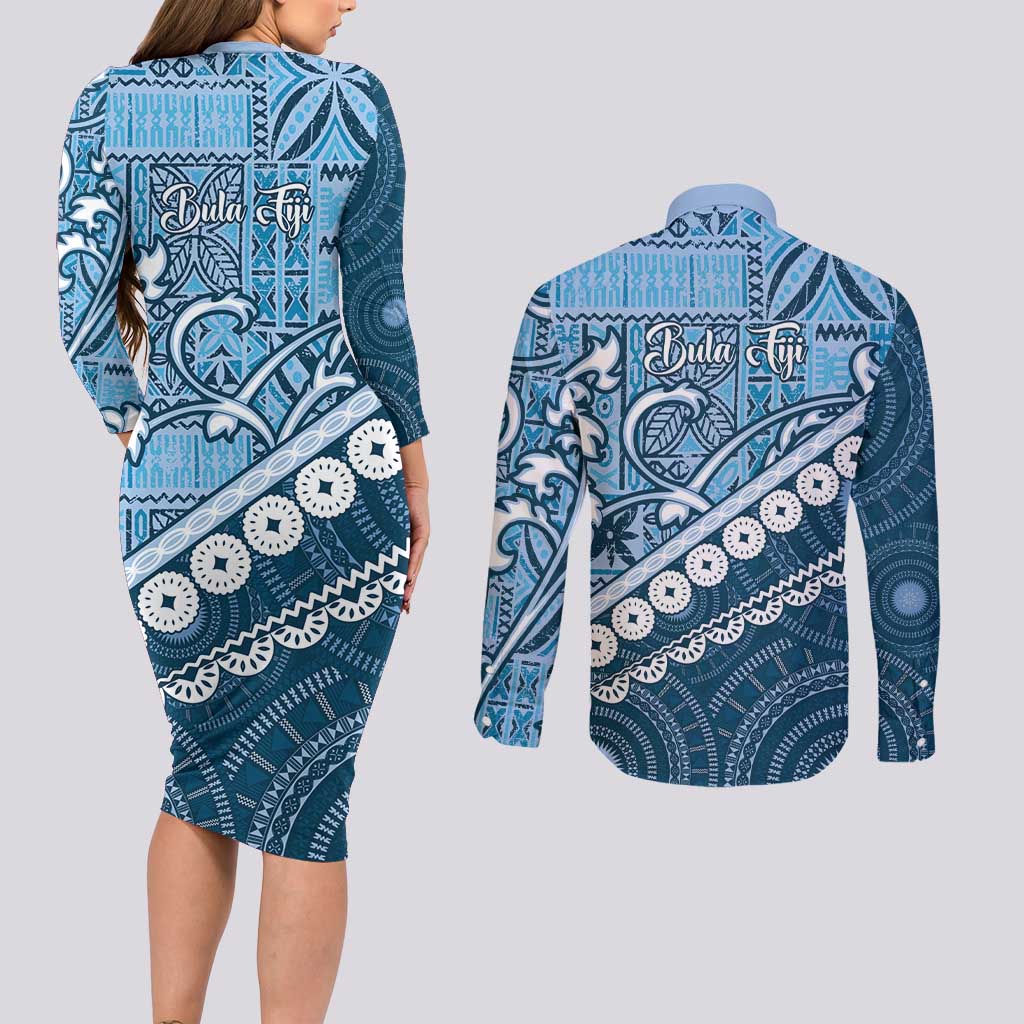 Blue Bula Fiji Couples Matching Long Sleeve Bodycon Dress and Long Sleeve Button Shirt Fijian Language Week Tapa Cloth - Pastel LT14 - Polynesian Pride