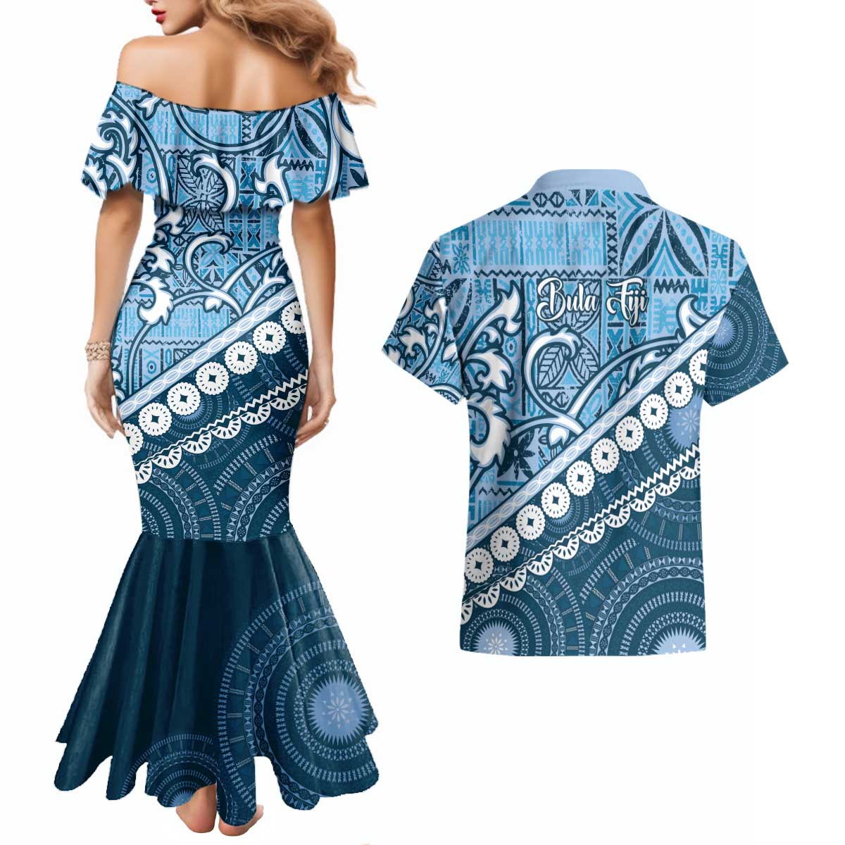 Blue Bula Fiji Couples Matching Mermaid Dress and Hawaiian Shirt Fijian Language Week Tapa Cloth - Pastel LT14 - Polynesian Pride