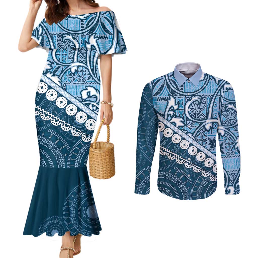 Blue Bula Fiji Couples Matching Mermaid Dress and Long Sleeve Button Shirt Fijian Language Week Tapa Cloth - Pastel LT14 Blue - Polynesian Pride