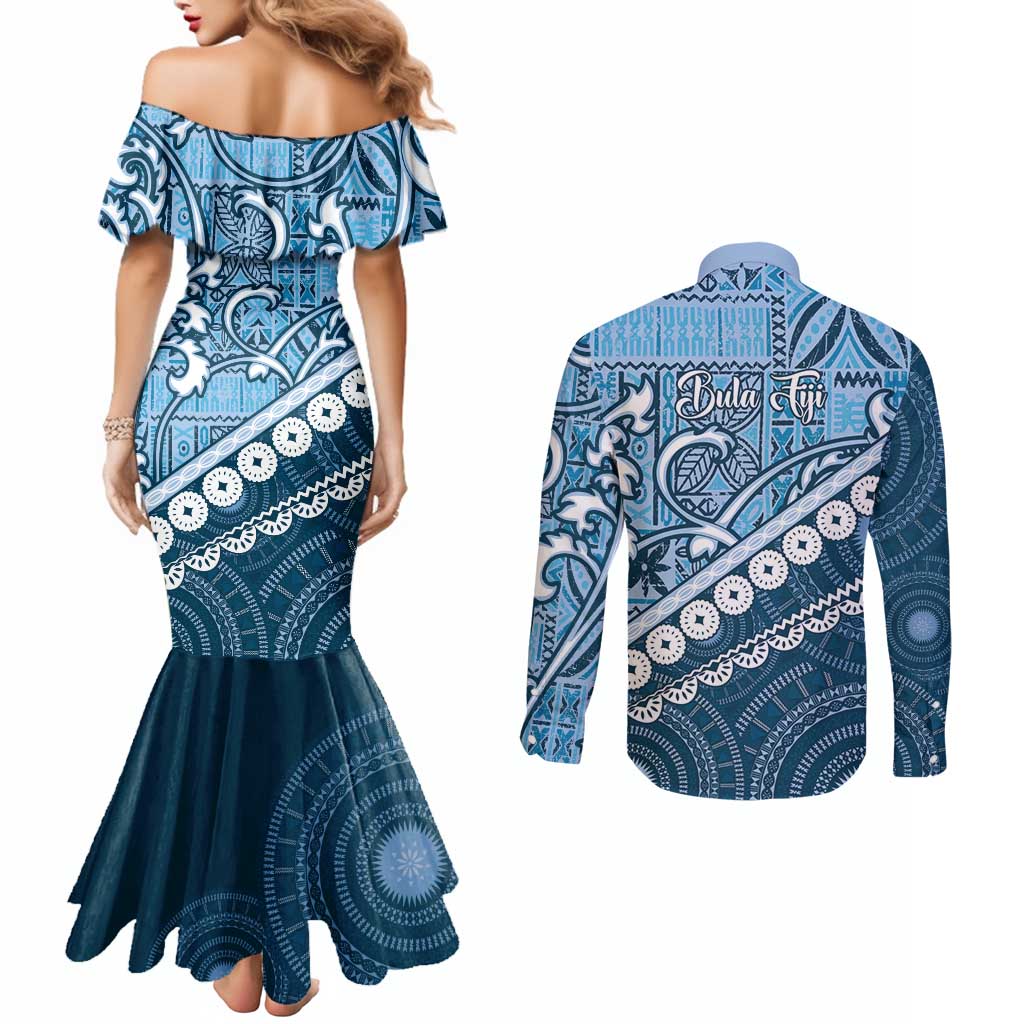 Blue Bula Fiji Couples Matching Mermaid Dress and Long Sleeve Button Shirt Fijian Language Week Tapa Cloth - Pastel LT14 - Polynesian Pride