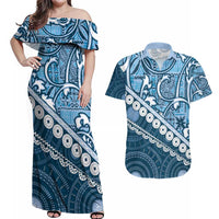 Blue Bula Fiji Couples Matching Off Shoulder Maxi Dress and Hawaiian Shirt Fijian Language Week Tapa Cloth - Pastel LT14 Blue - Polynesian Pride