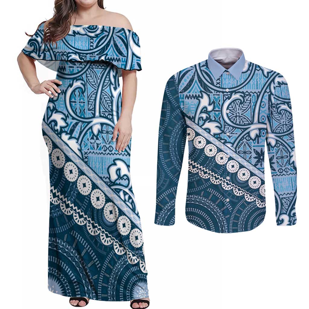 Blue Bula Fiji Couples Matching Off Shoulder Maxi Dress and Long Sleeve Button Shirt Fijian Language Week Tapa Cloth - Pastel LT14 Blue - Polynesian Pride