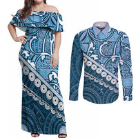 Blue Bula Fiji Couples Matching Off Shoulder Maxi Dress and Long Sleeve Button Shirt Fijian Language Week Tapa Cloth - Pastel LT14 Blue - Polynesian Pride