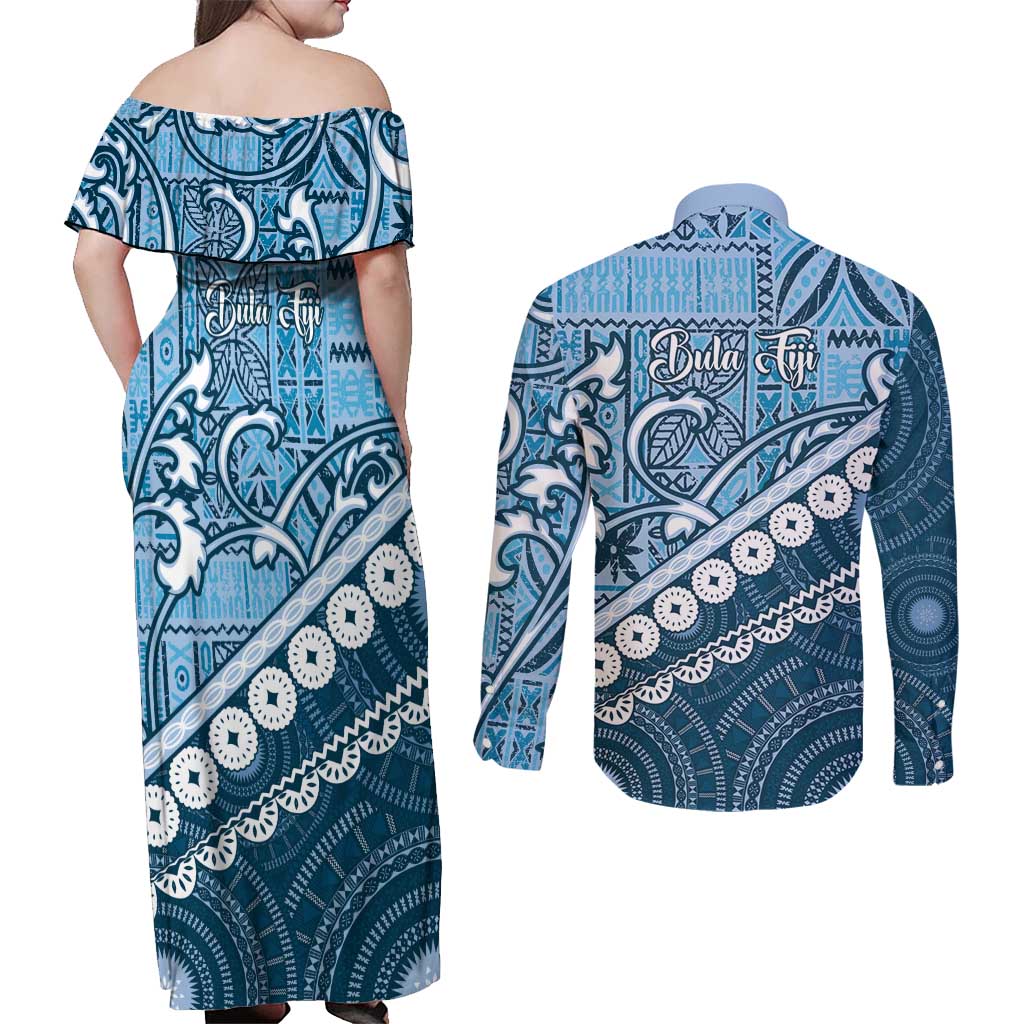 Blue Bula Fiji Couples Matching Off Shoulder Maxi Dress and Long Sleeve Button Shirt Fijian Language Week Tapa Cloth - Pastel LT14 - Polynesian Pride