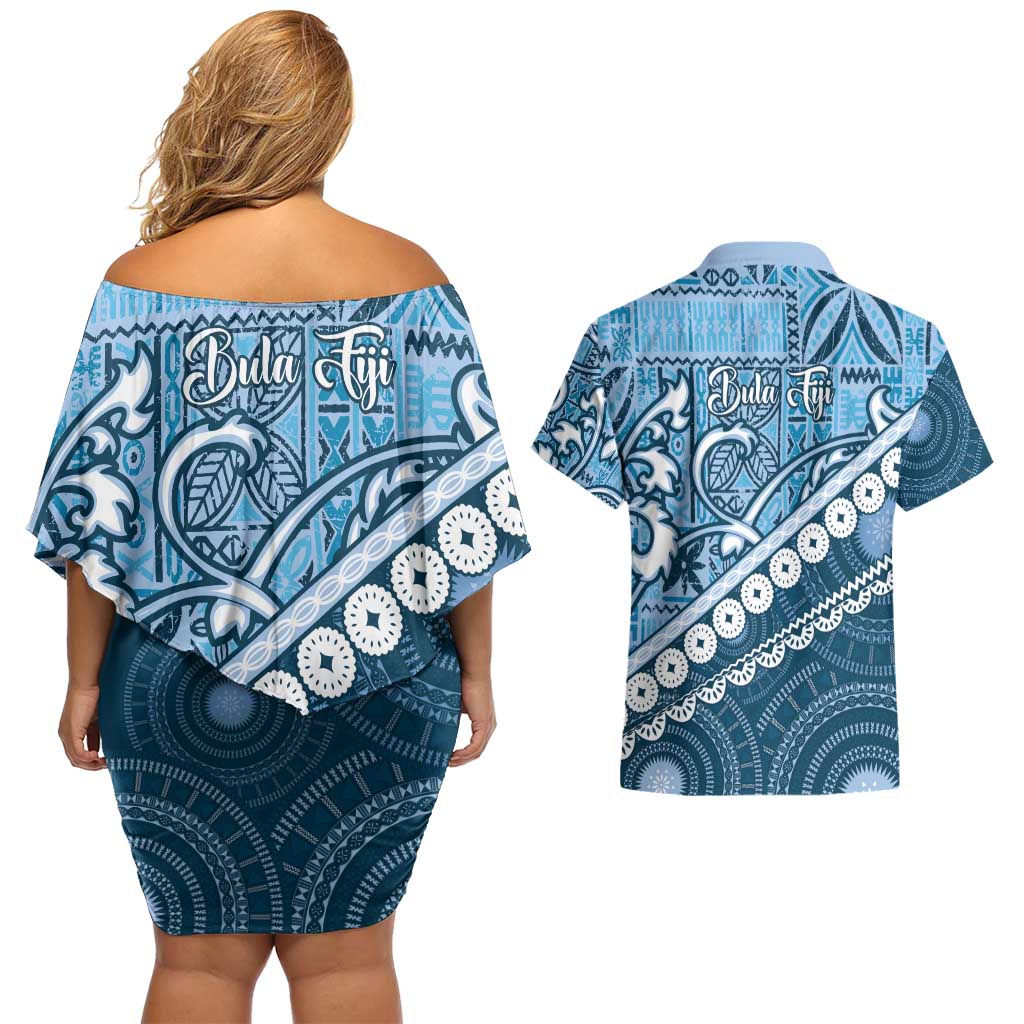 Blue Bula Fiji Couples Matching Off Shoulder Short Dress and Hawaiian Shirt Fijian Language Week Tapa Cloth - Pastel LT14 - Polynesian Pride