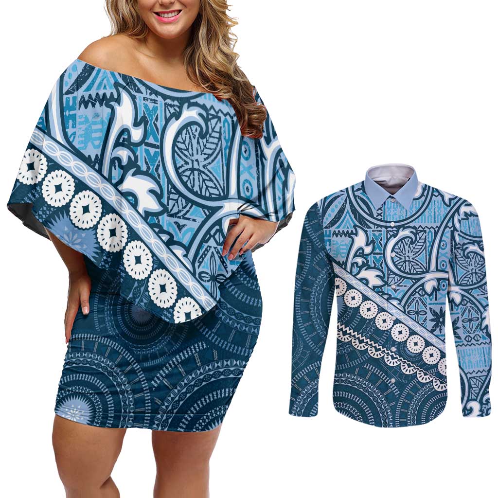 Blue Bula Fiji Couples Matching Off Shoulder Short Dress and Long Sleeve Button Shirt Fijian Language Week Tapa Cloth - Pastel LT14 Blue - Polynesian Pride