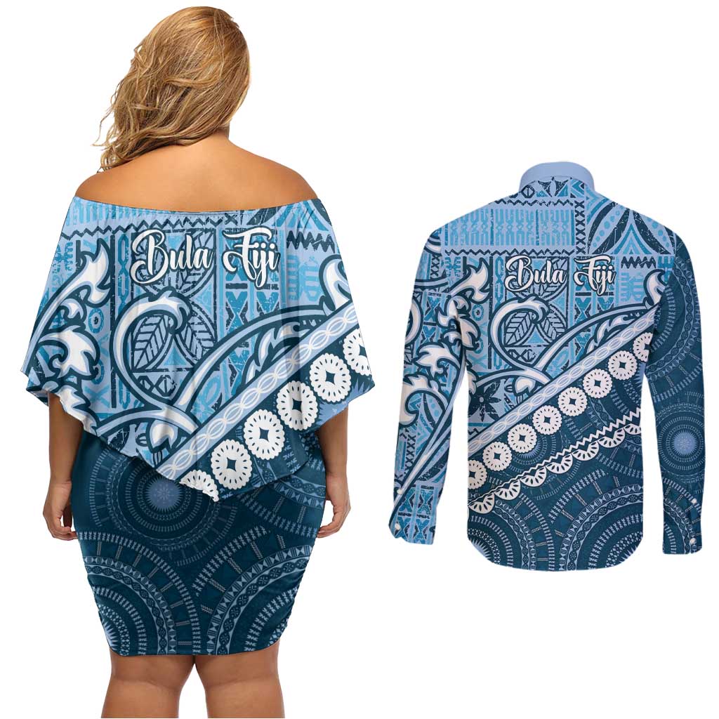 Blue Bula Fiji Couples Matching Off Shoulder Short Dress and Long Sleeve Button Shirt Fijian Language Week Tapa Cloth - Pastel LT14 - Polynesian Pride