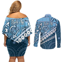Blue Bula Fiji Couples Matching Off Shoulder Short Dress and Long Sleeve Button Shirt Fijian Language Week Tapa Cloth - Pastel LT14 - Polynesian Pride