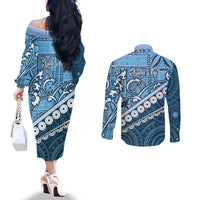 Blue Bula Fiji Couples Matching Off The Shoulder Long Sleeve Dress and Long Sleeve Button Shirt Fijian Language Week Tapa Cloth - Pastel LT14 - Polynesian Pride