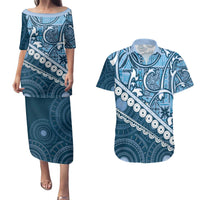 Blue Bula Fiji Couples Matching Puletasi and Hawaiian Shirt Fijian Language Week Tapa Cloth - Pastel LT14 Blue - Polynesian Pride