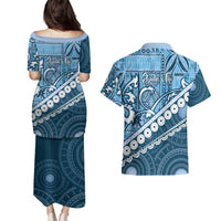 Blue Bula Fiji Couples Matching Puletasi and Hawaiian Shirt Fijian Language Week Tapa Cloth - Pastel LT14 - Polynesian Pride
