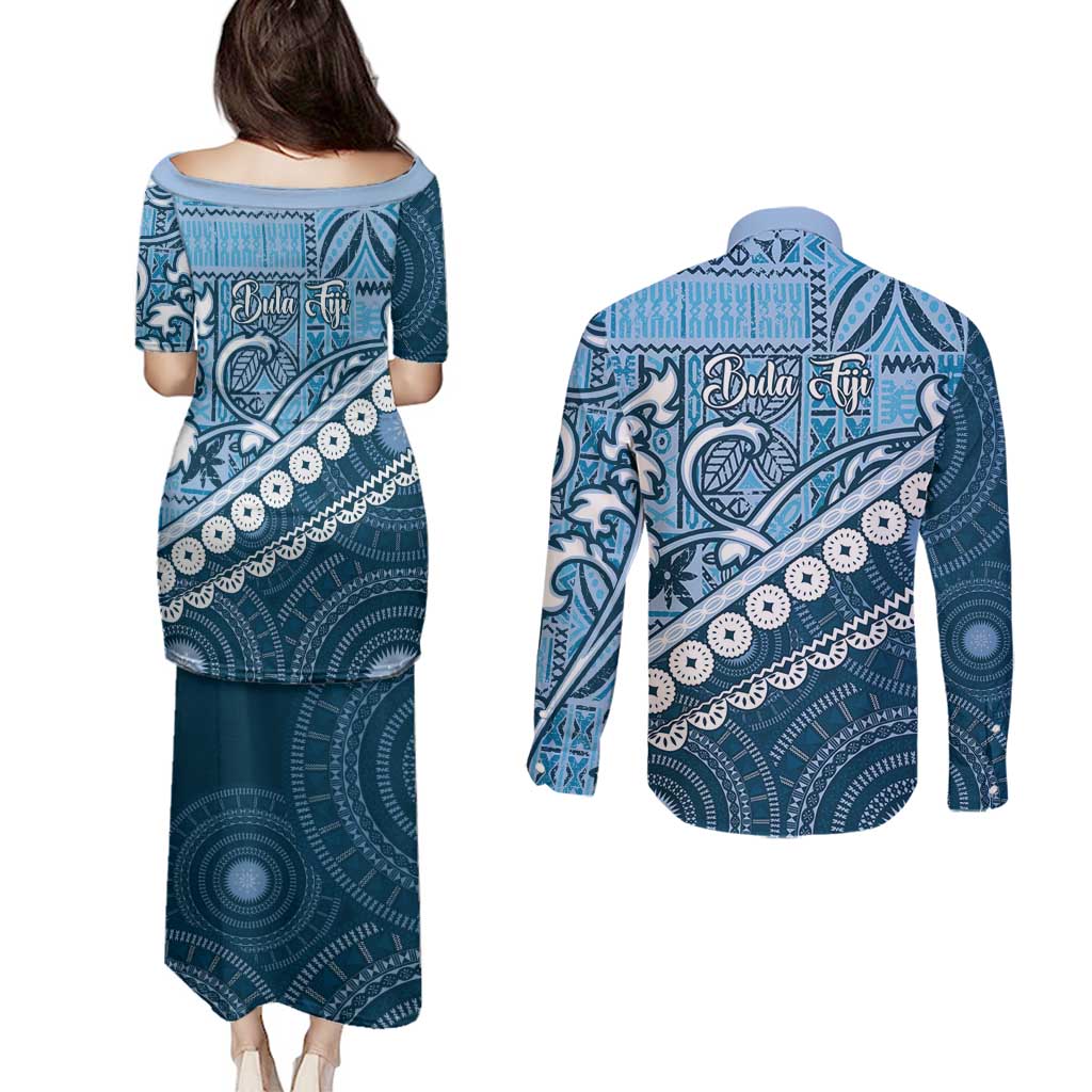 Blue Bula Fiji Couples Matching Puletasi and Long Sleeve Button Shirt Fijian Language Week Tapa Cloth - Pastel LT14 - Polynesian Pride