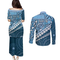Blue Bula Fiji Couples Matching Puletasi and Long Sleeve Button Shirt Fijian Language Week Tapa Cloth - Pastel LT14 - Polynesian Pride