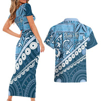 Blue Bula Fiji Couples Matching Short Sleeve Bodycon Dress and Hawaiian Shirt Fijian Language Week Tapa Cloth - Pastel LT14 - Polynesian Pride