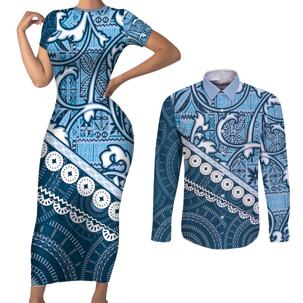 Blue Bula Fiji Couples Matching Short Sleeve Bodycon Dress and Long Sleeve Button Shirt Fijian Language Week Tapa Cloth - Pastel LT14 Blue - Polynesian Pride
