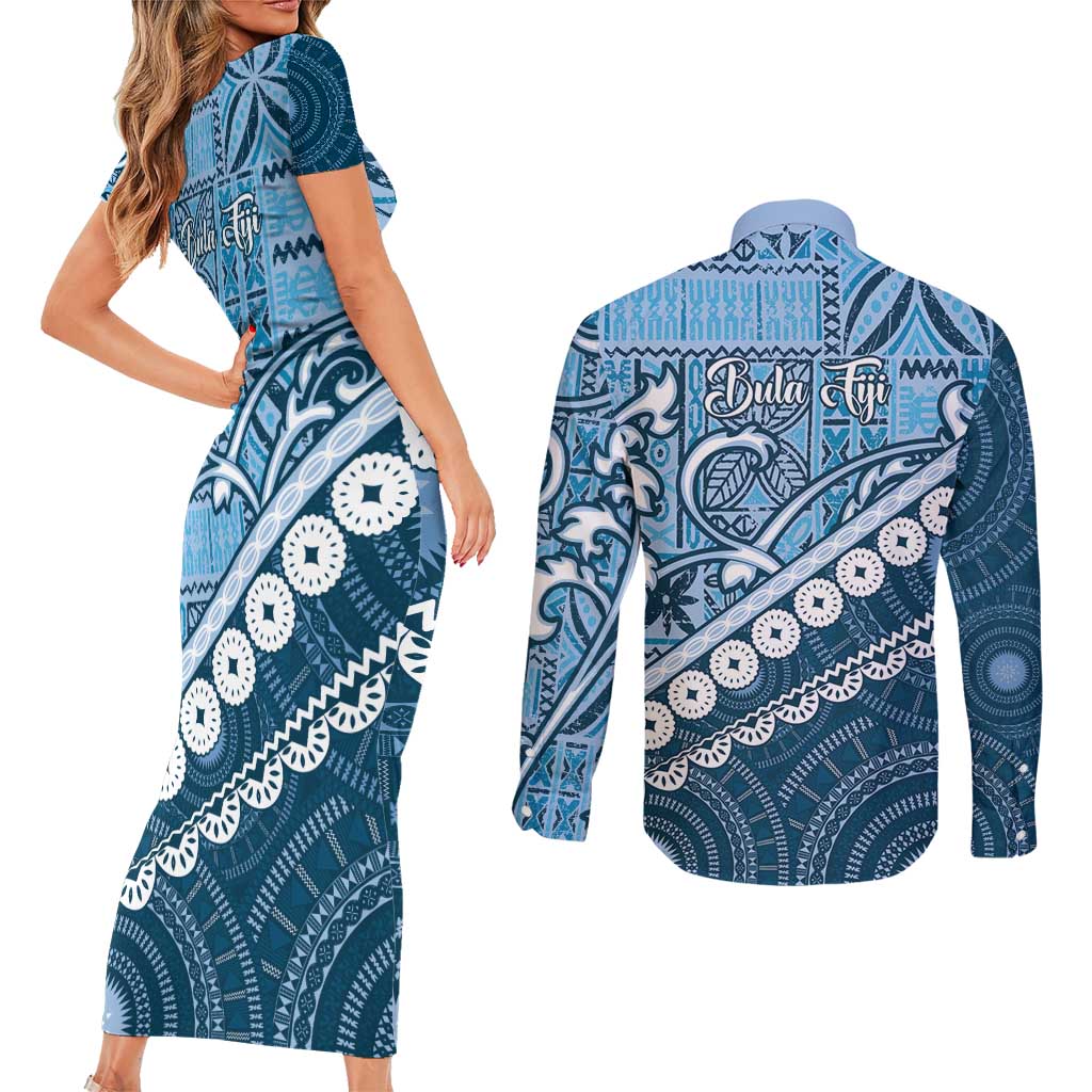 Blue Bula Fiji Couples Matching Short Sleeve Bodycon Dress and Long Sleeve Button Shirt Fijian Language Week Tapa Cloth - Pastel LT14 - Polynesian Pride