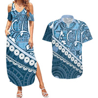 Blue Bula Fiji Couples Matching Summer Maxi Dress and Hawaiian Shirt Fijian Language Week Tapa Cloth - Pastel LT14 Blue - Polynesian Pride