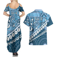 Blue Bula Fiji Couples Matching Summer Maxi Dress and Hawaiian Shirt Fijian Language Week Tapa Cloth - Pastel LT14 - Polynesian Pride