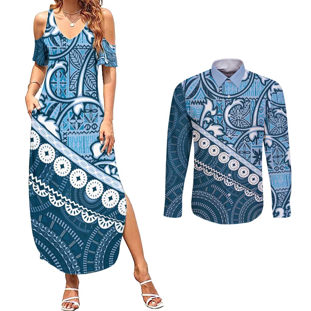 Blue Bula Fiji Couples Matching Summer Maxi Dress and Long Sleeve Button Shirt Fijian Language Week Tapa Cloth - Pastel LT14 Blue - Polynesian Pride